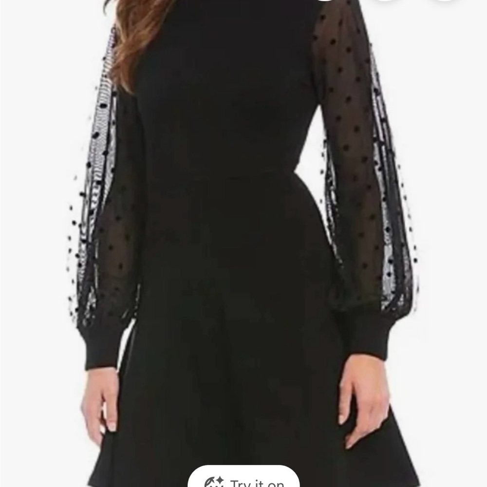 Eliza J Black Turtleneck Sweater dress with Sheer Polka Dot Sleeves